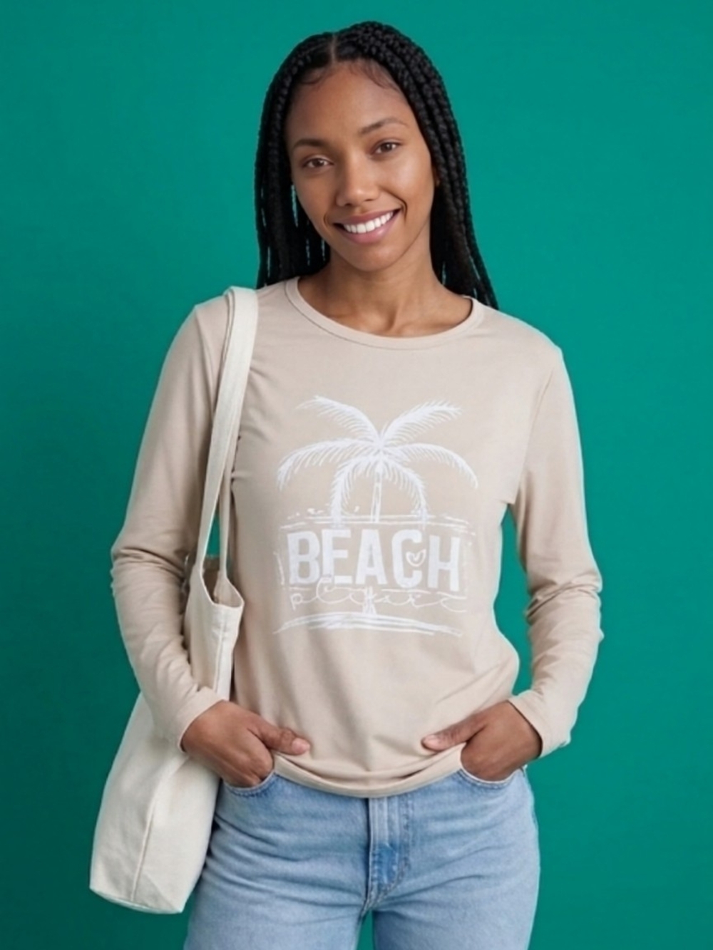 Coastal Beige 'Beach' Graphic Long-Sleeve Tee
